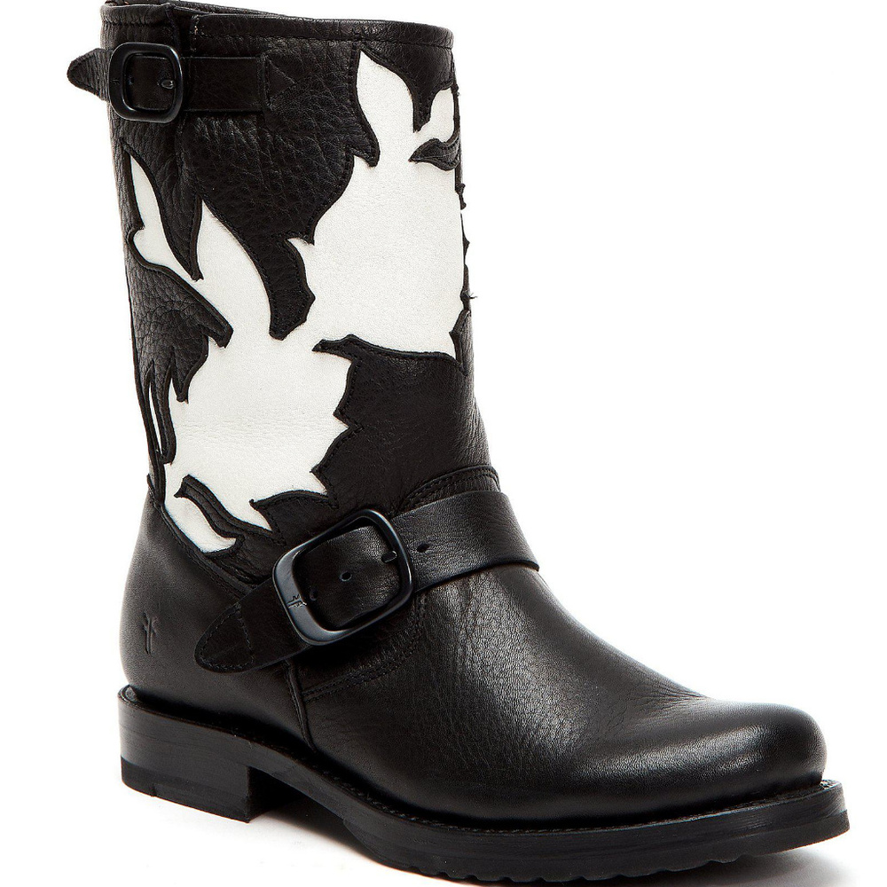 New Frye Veronica Floral Black Leather Boots Feminine Moto Campus Wear